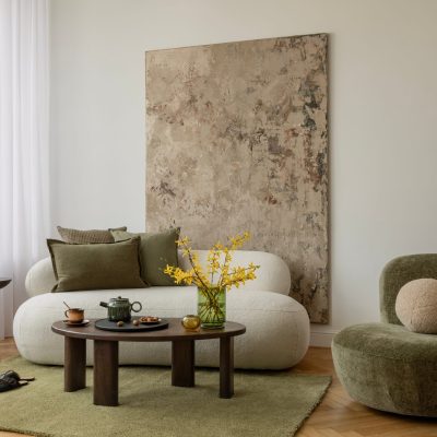 Elegant,Interior,Corner,With,Olive,Armchair,,Stylish,Lamp,,Art,Work